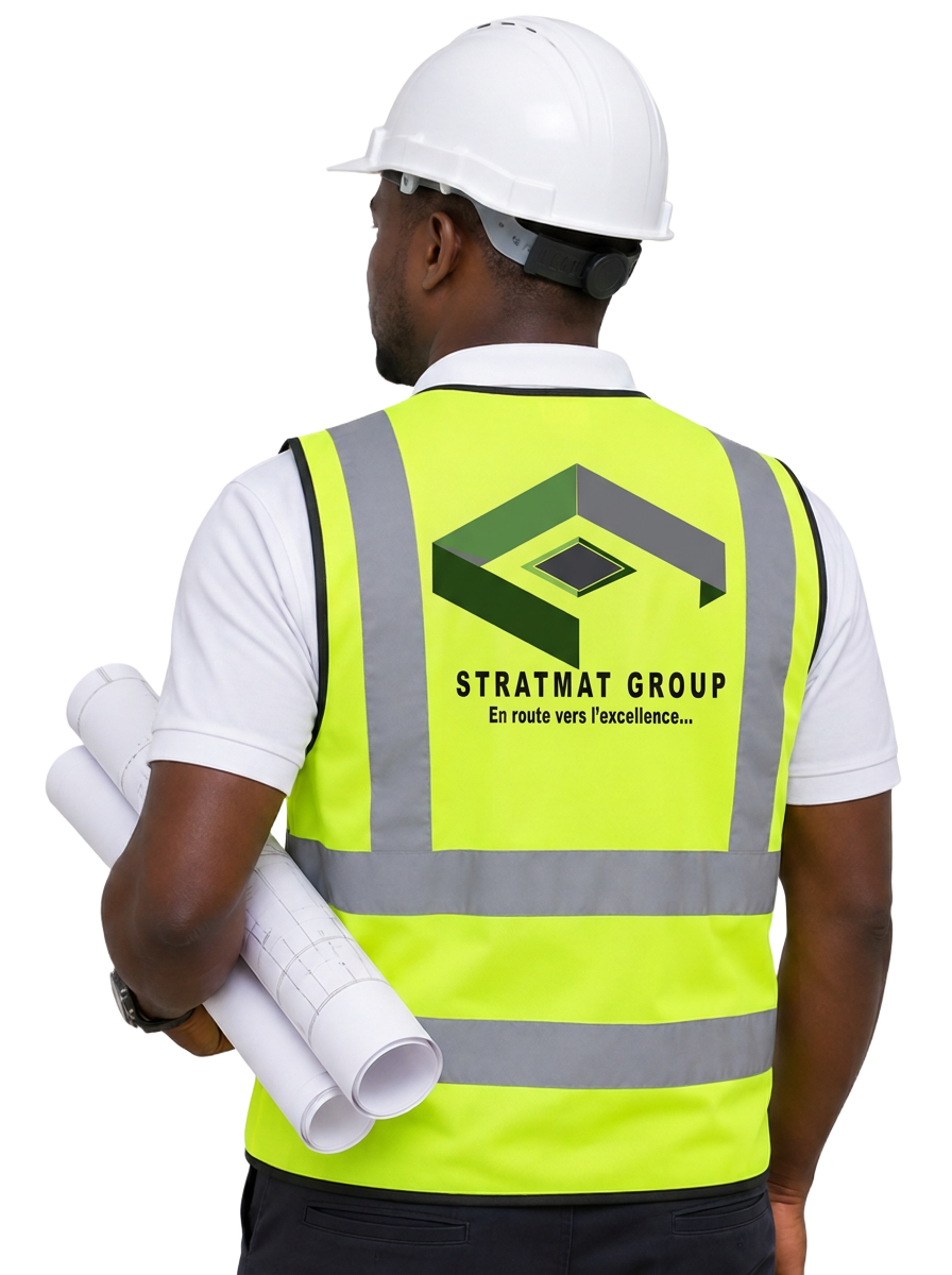 Ouvrier STRATMAT Group vu de dos, casque blanc et gilet de sécurité